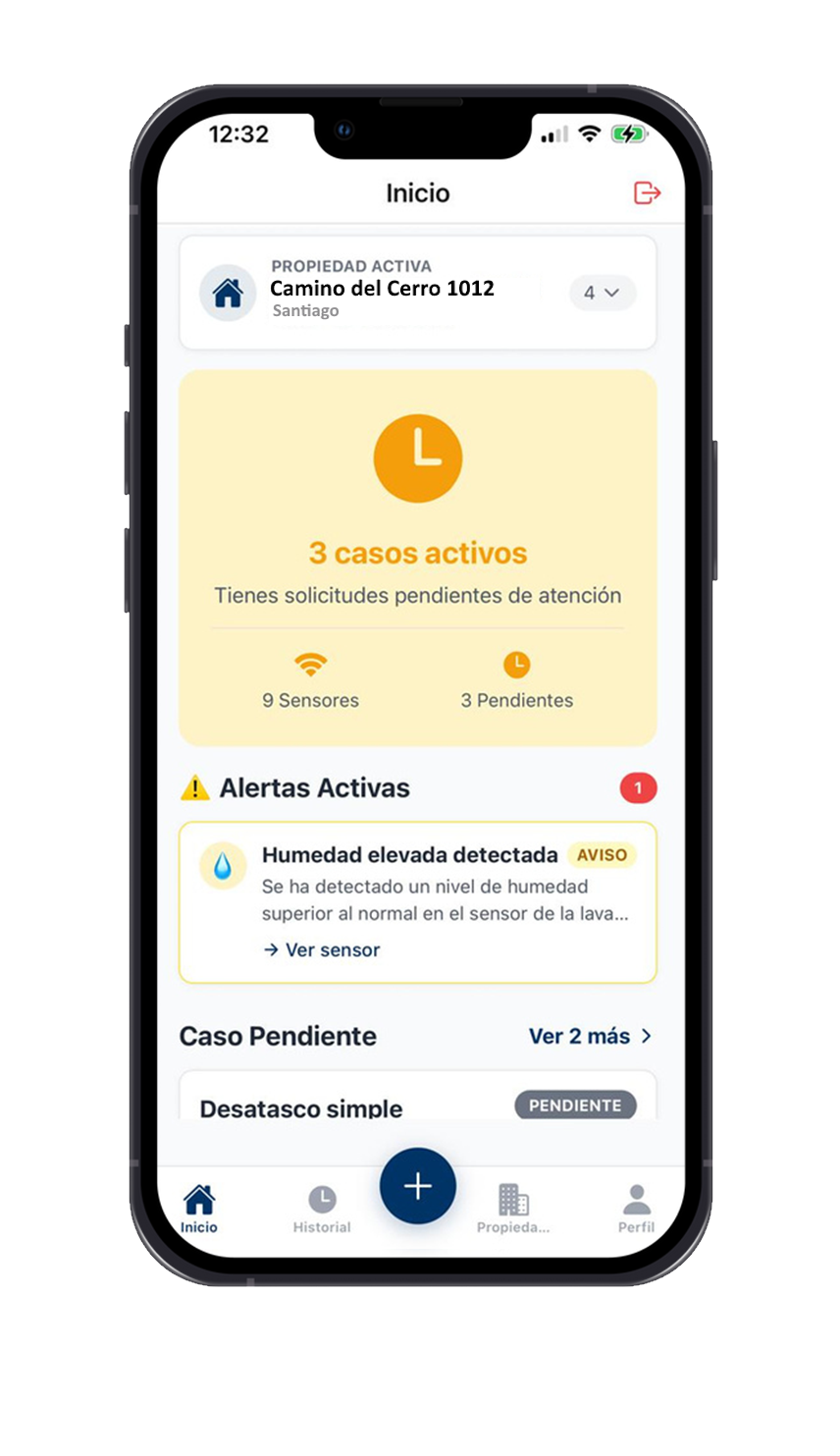 Dashboard de la App RE en el celular - alertas, consumo y reparaciones